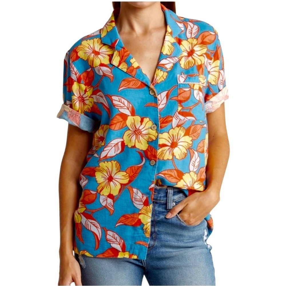 Faherty x she does him floral laf-la unisex linen top xs (size 0)